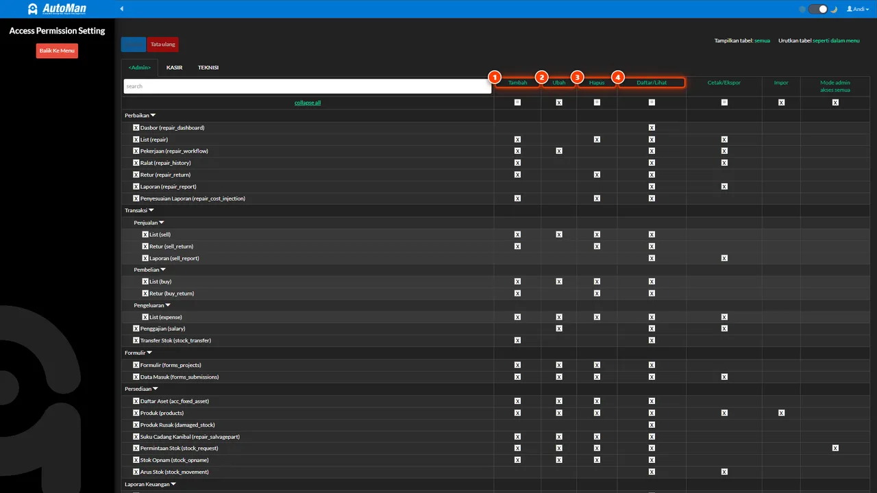 The Add/Edit/Search/Delete/Print permission matrix per table for one group