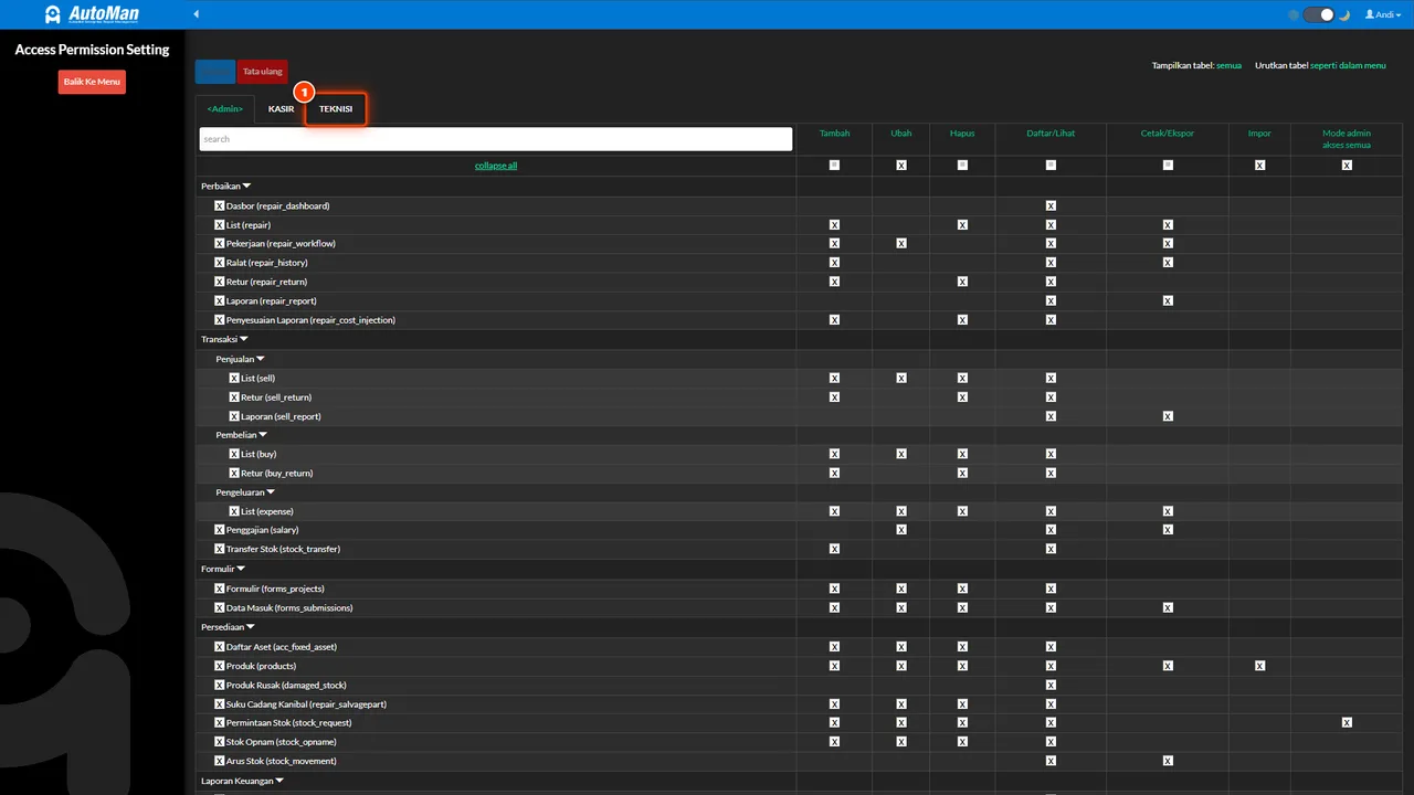 A cashier user's menu showing only permission-matched menus