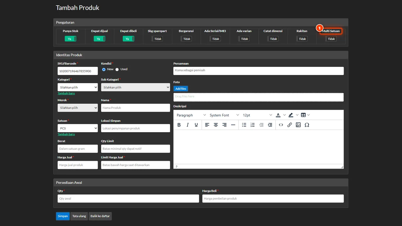 Multi-unit switch on the product form with its conversion fields
