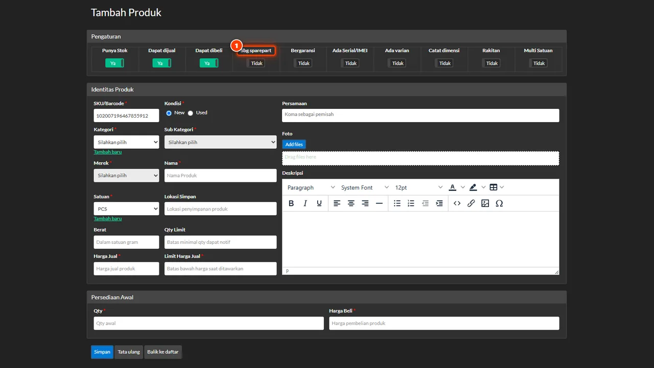 Spare-part flag on the product form while listing bundle components