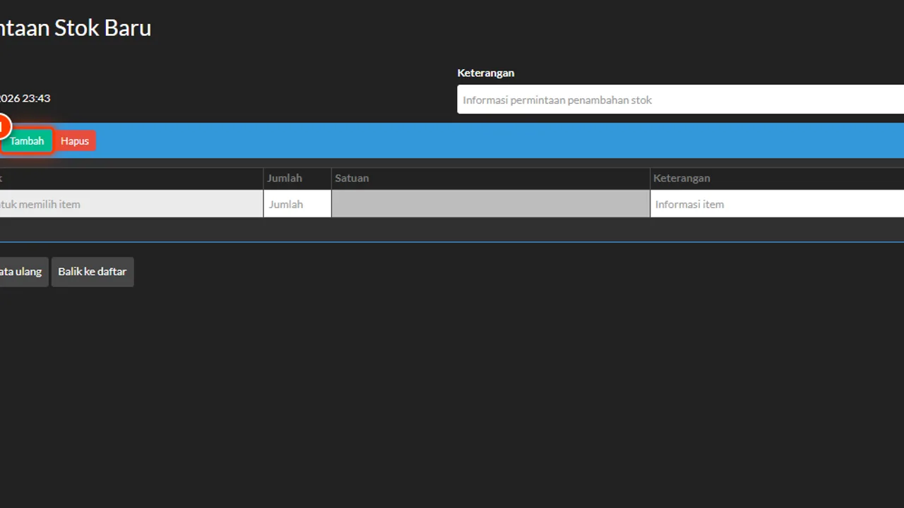 Stock request items listed one row at a time