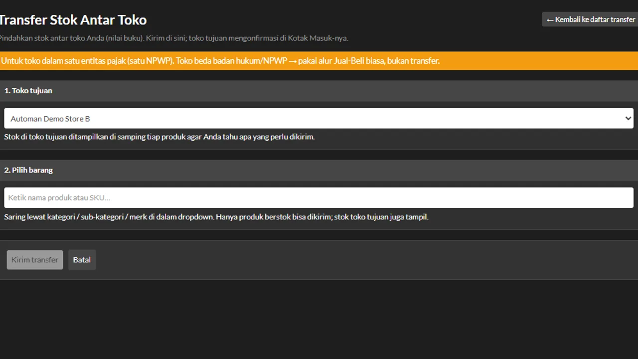 New stock transfer form created at the sending store