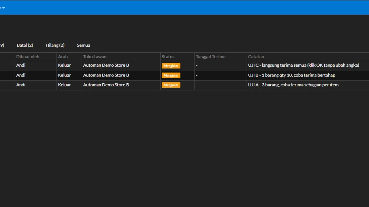 Stock transfer list showing the destination confirmation status