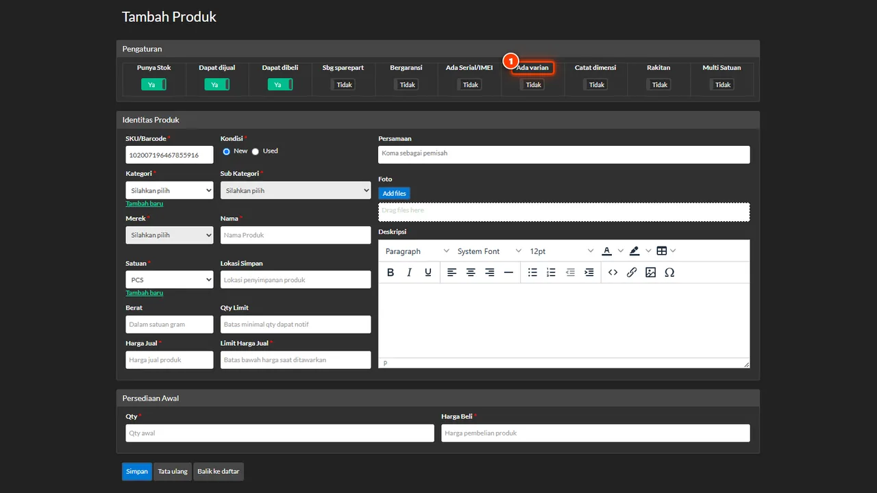 Has variants switch in the product form settings section