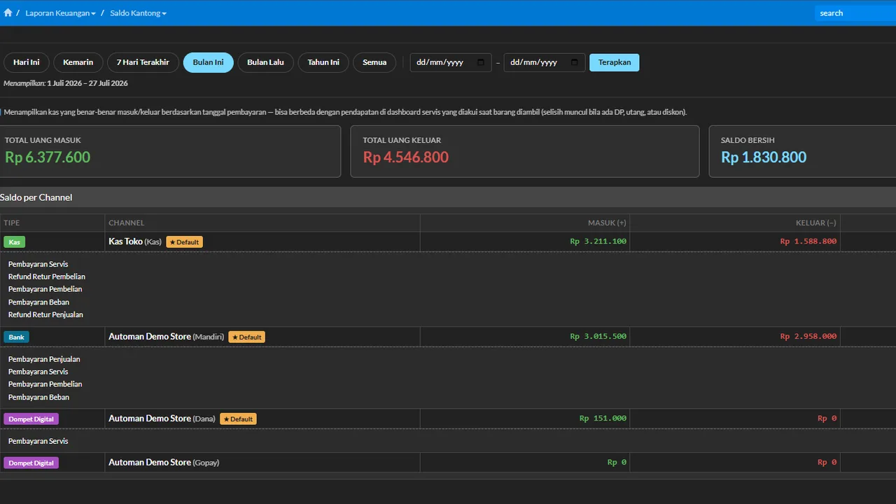 Pocket balances moving per the recorded payments