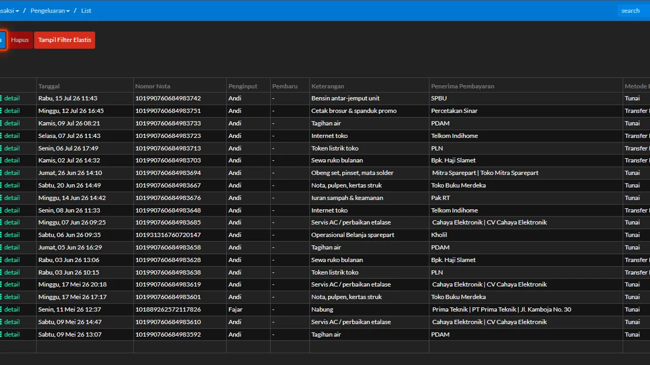 The Expenses menu open with the list of earlier expenses