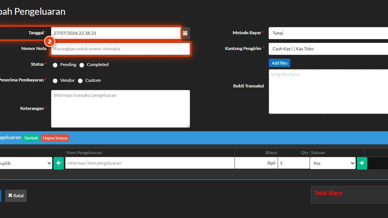 The expense date field set to the event date, not the input date