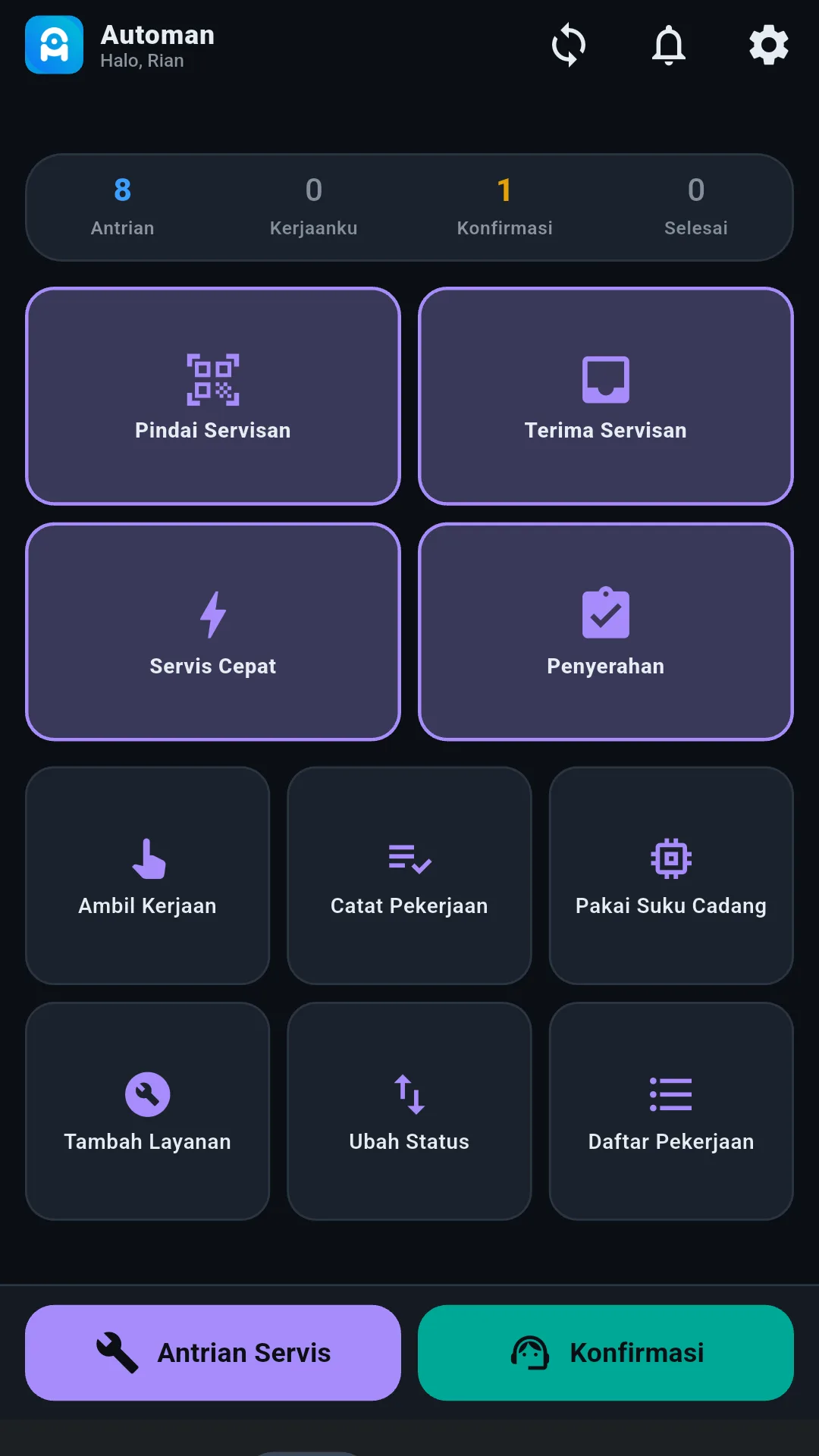 Ubin Pindai Servisan pada beranda aplikasi Android