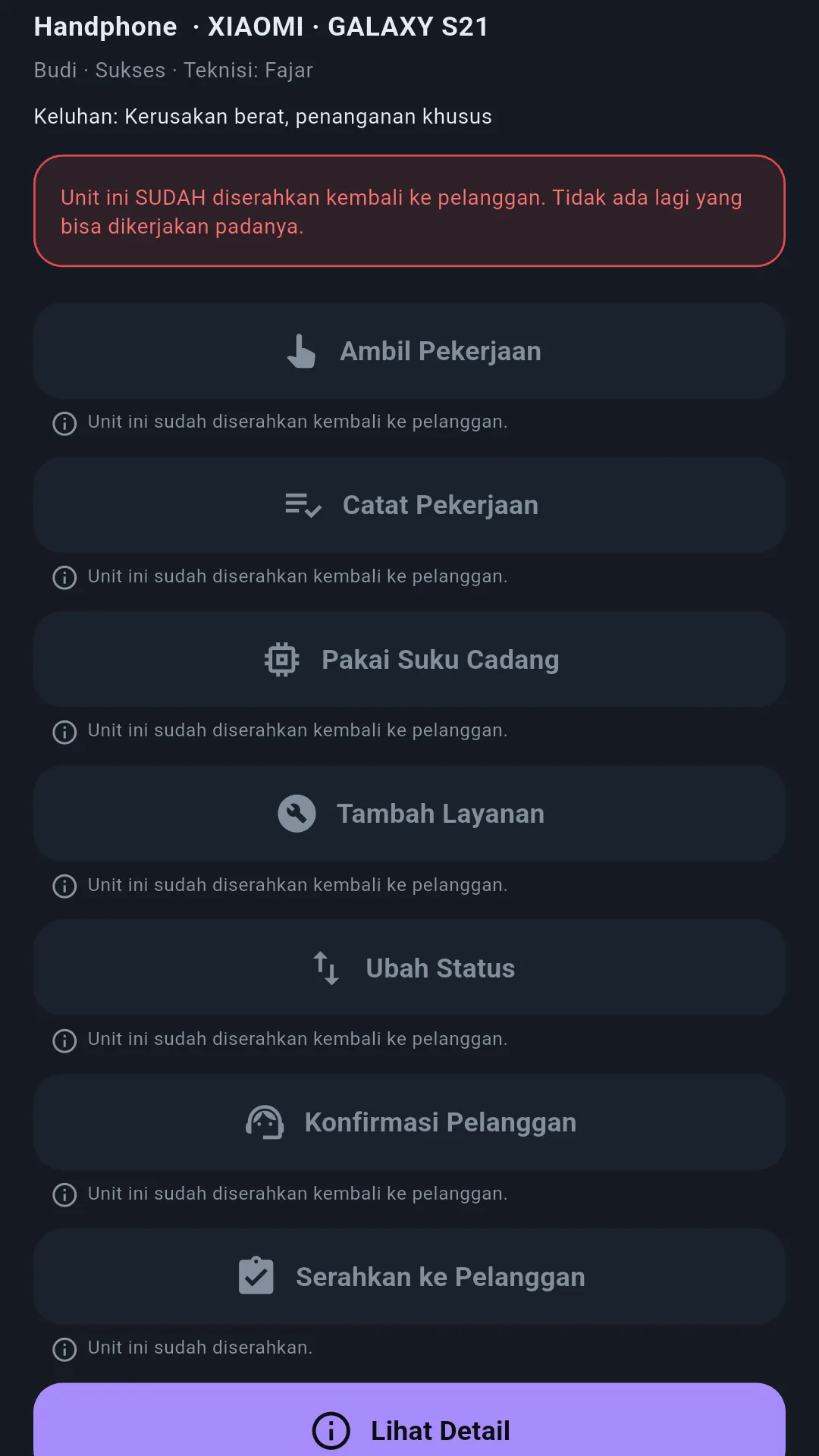 Tombol aksi yang tertutup ditampilkan beserta alasannya