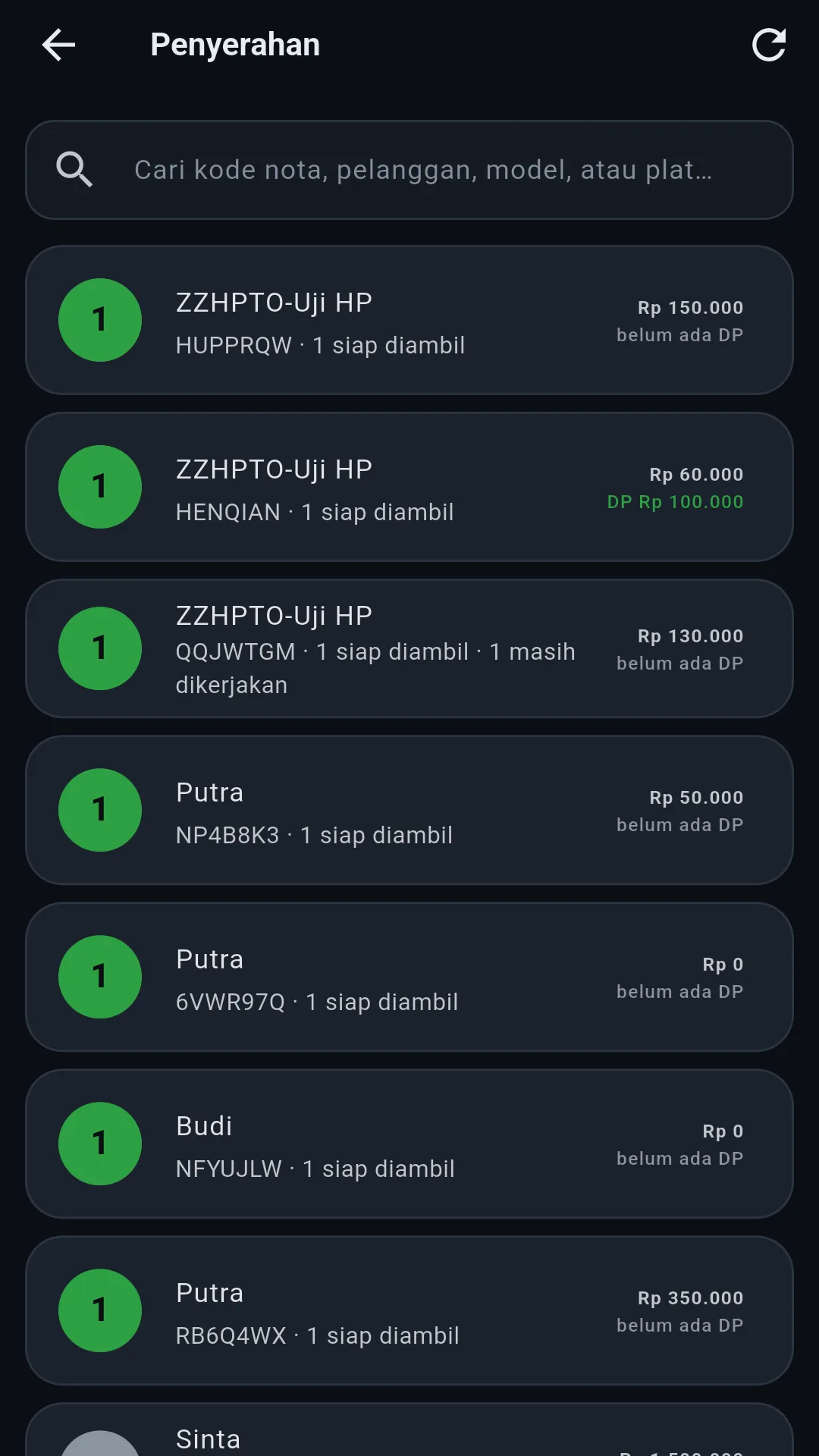 Layar penyerahan servis menampilkan tagihan dan sisa pembayaran