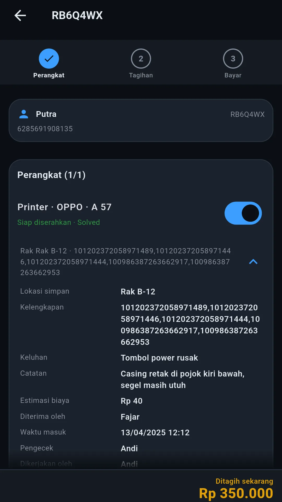 Perangkat yang belum selesai ditampilkan dengan alasannya di layar penyerahan