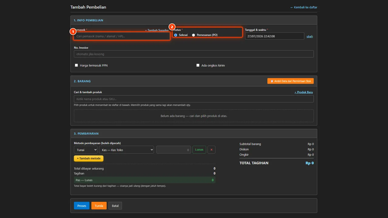 A new purchase form opened from Transactions, Purchases, Add