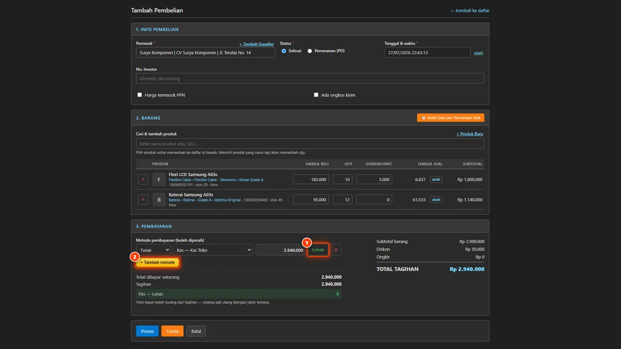 The purchase payment section: cash, transfer, terms with a due date, or a split combination