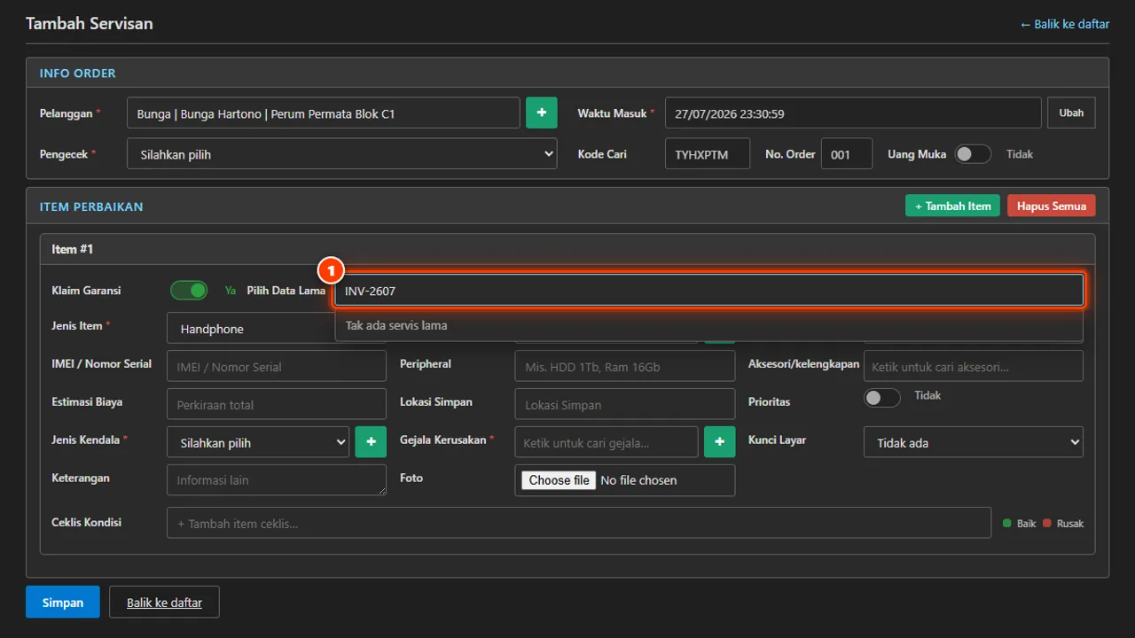 Memilih data lama item servis yang diklaim