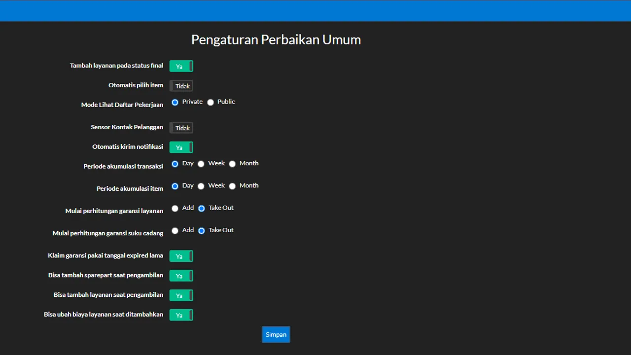 Setelan garansi klaim ikut garansi lama pada Pengaturan Perbaikan
