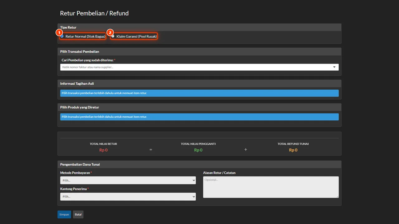 A claim-type purchase return created, pointing at the original purchase receipt
