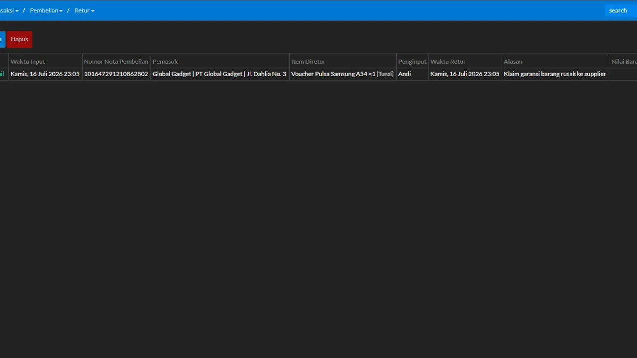 The running-claims list with statuses and stock/payable corrections