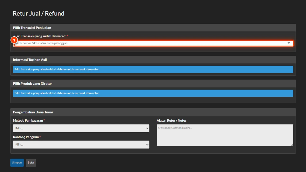 Searching the source sales receipt by receipt number or customer name