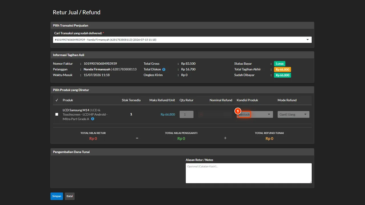 The sales-return condition options: Restock, Damaged, or Loss
