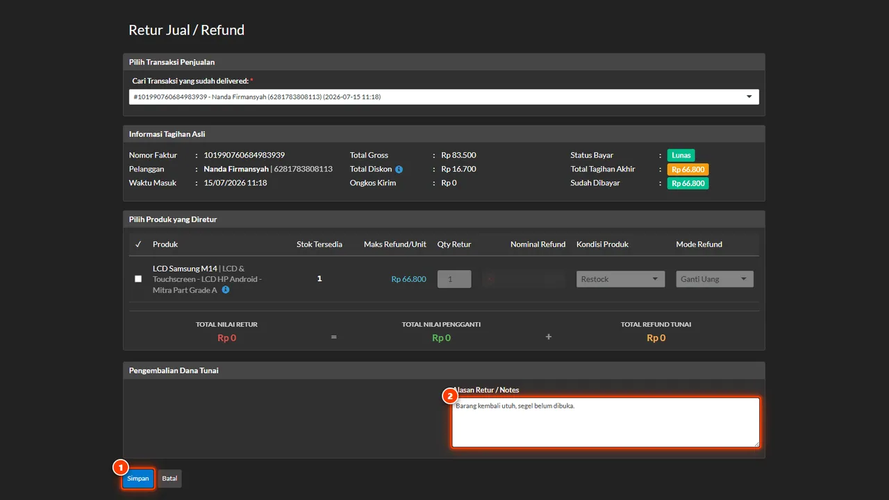 The sales return saved and the source receipt's payment status recomputed