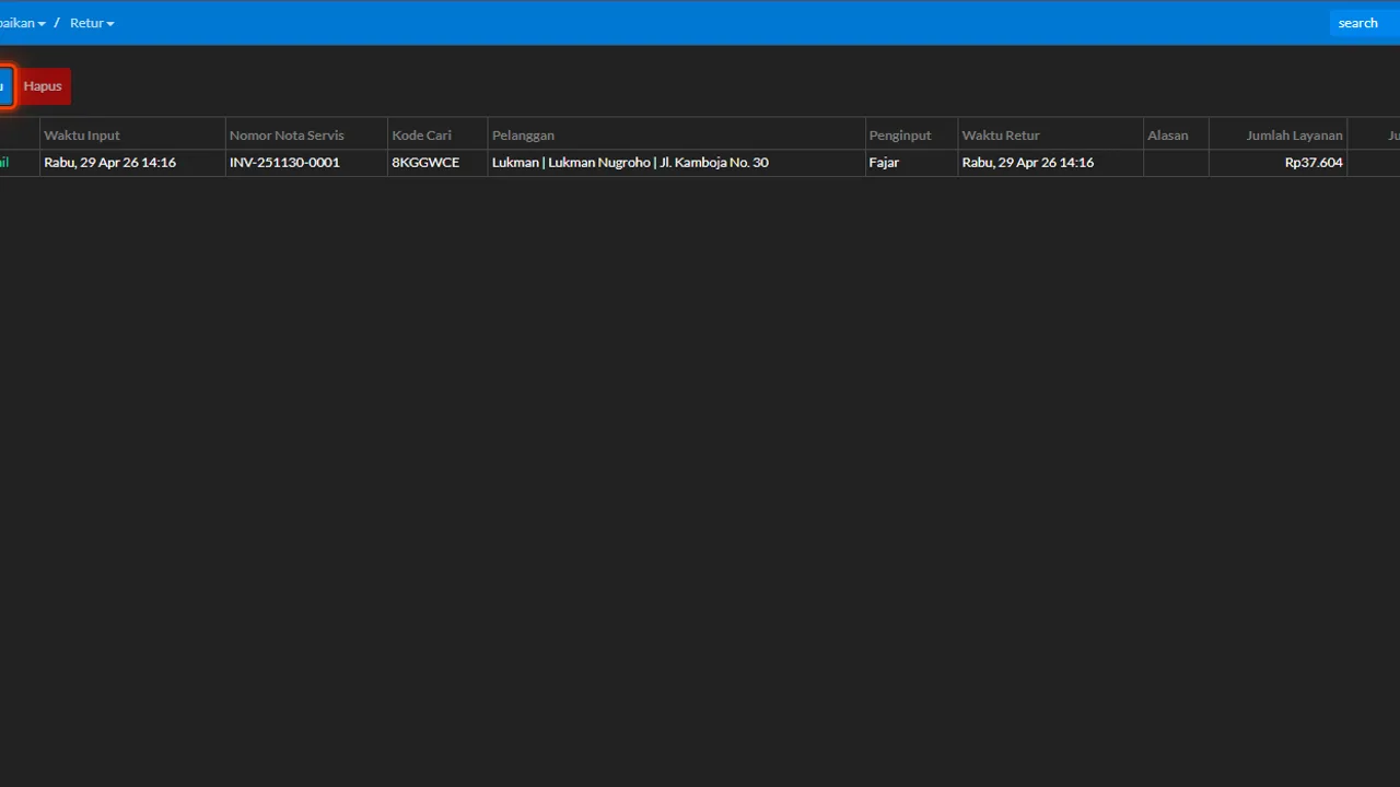The Repair Returns menu open, ready to create a new repair return