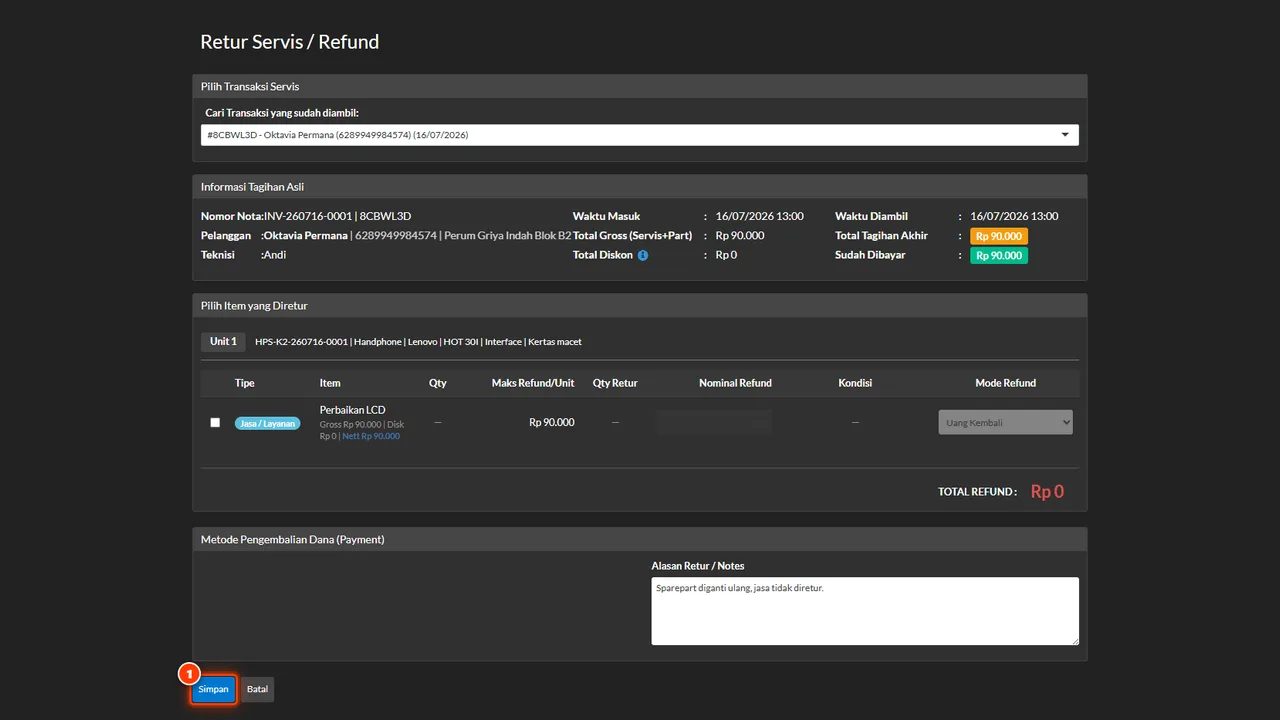 The return saved and the source receipt's payment status recomputed automatically