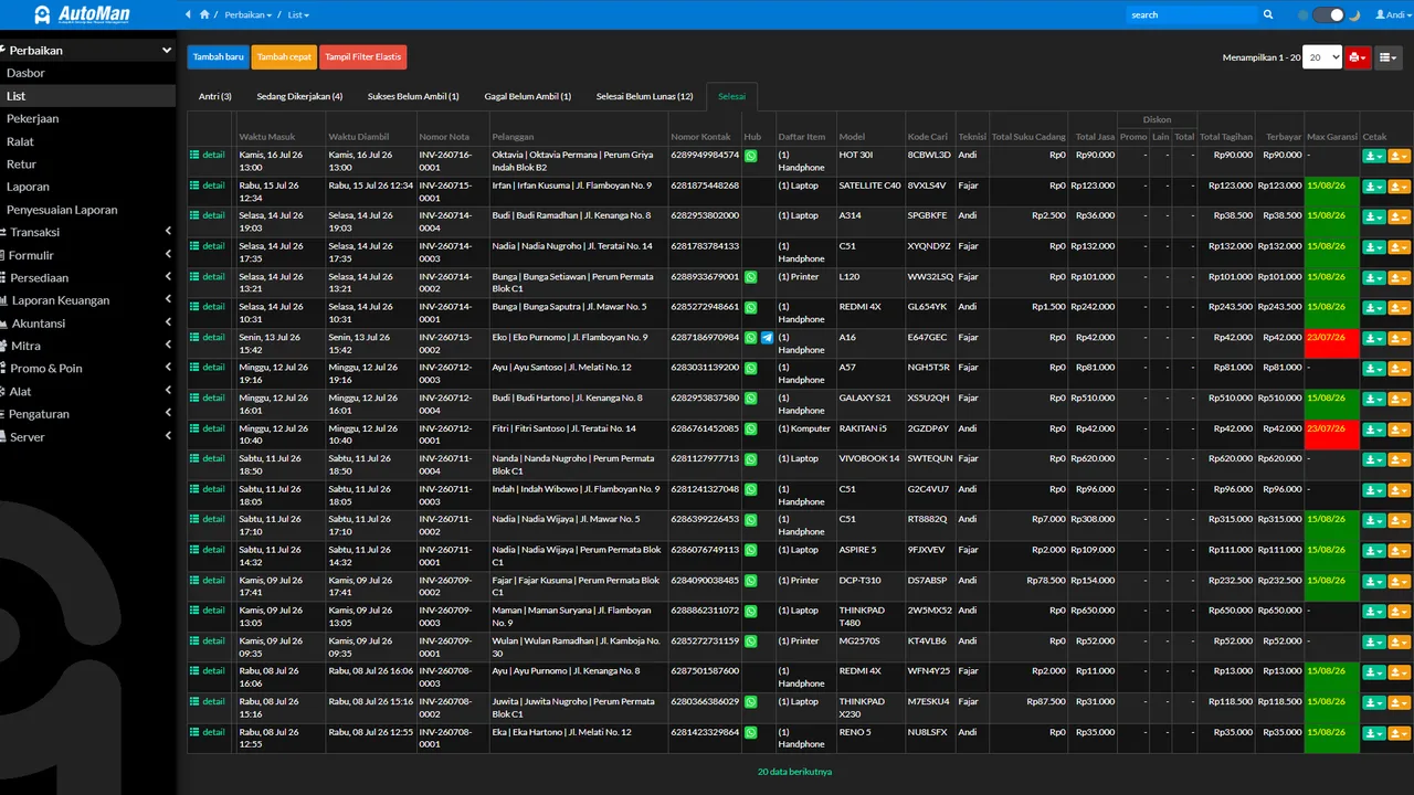 The handover page with cash, card, or transfer payment options