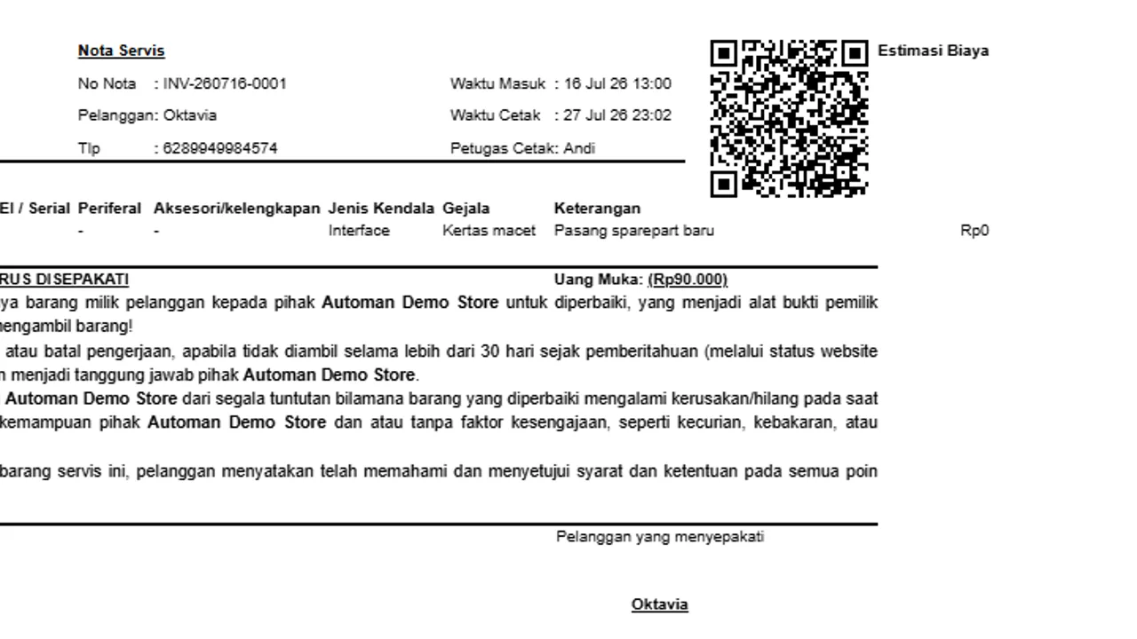 The intake receipt carrying the tracking code and a scannable QR