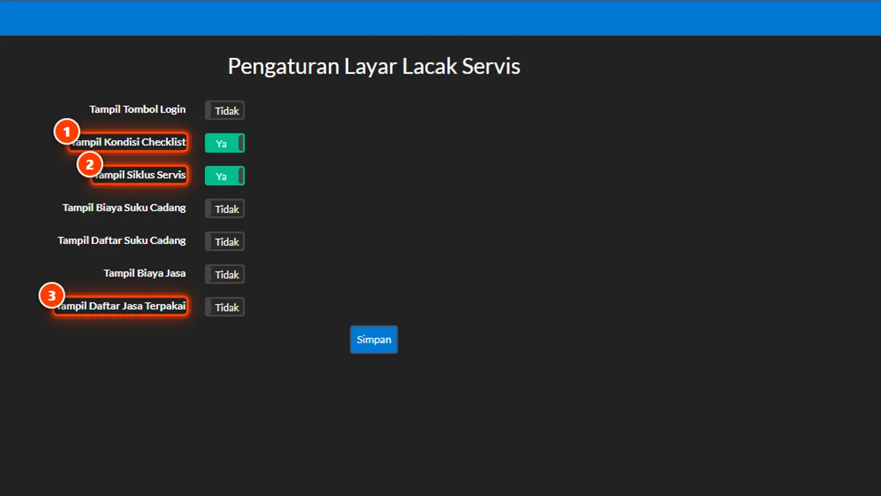 Public-information toggles: condition checklist, work cycle, services/parts