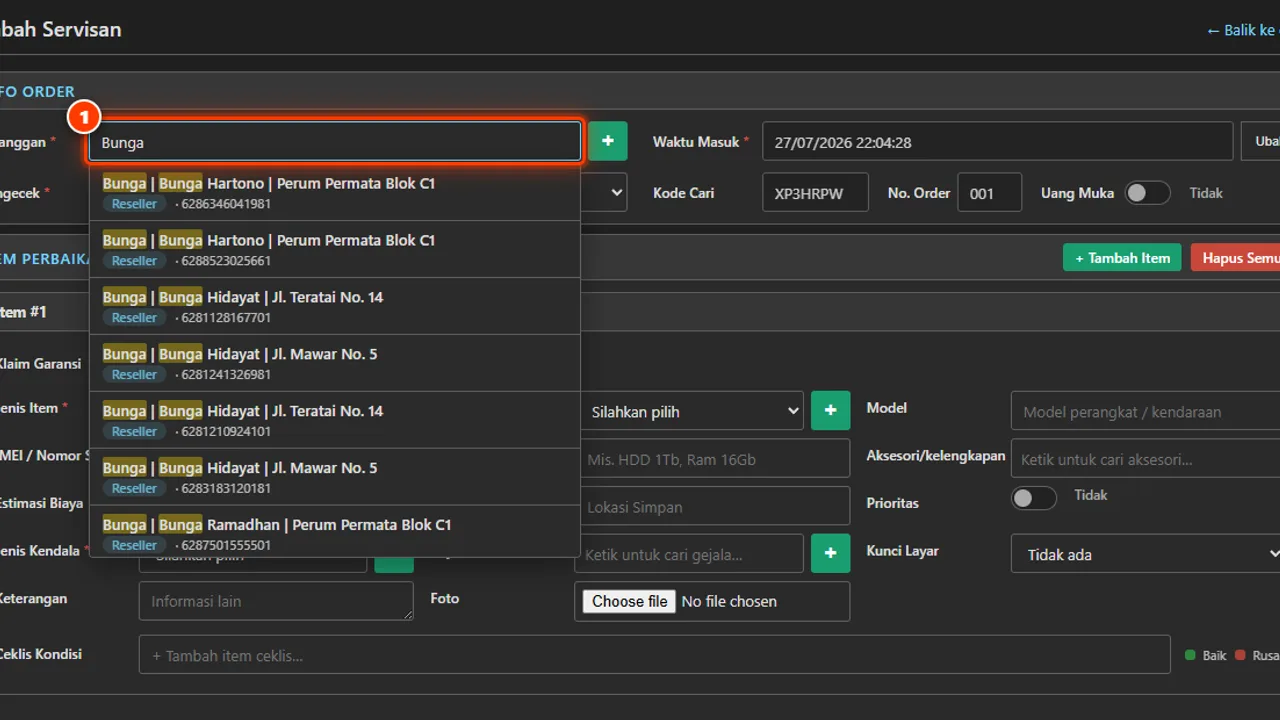 Customer search by name or phone number with the new-customer quick-add popup
