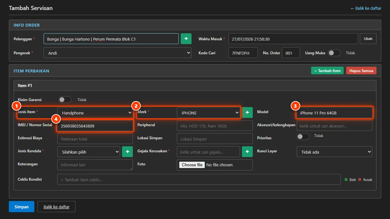 The unit data section of the repair form: unit type, brand, model, and the identity fields that follow the business type