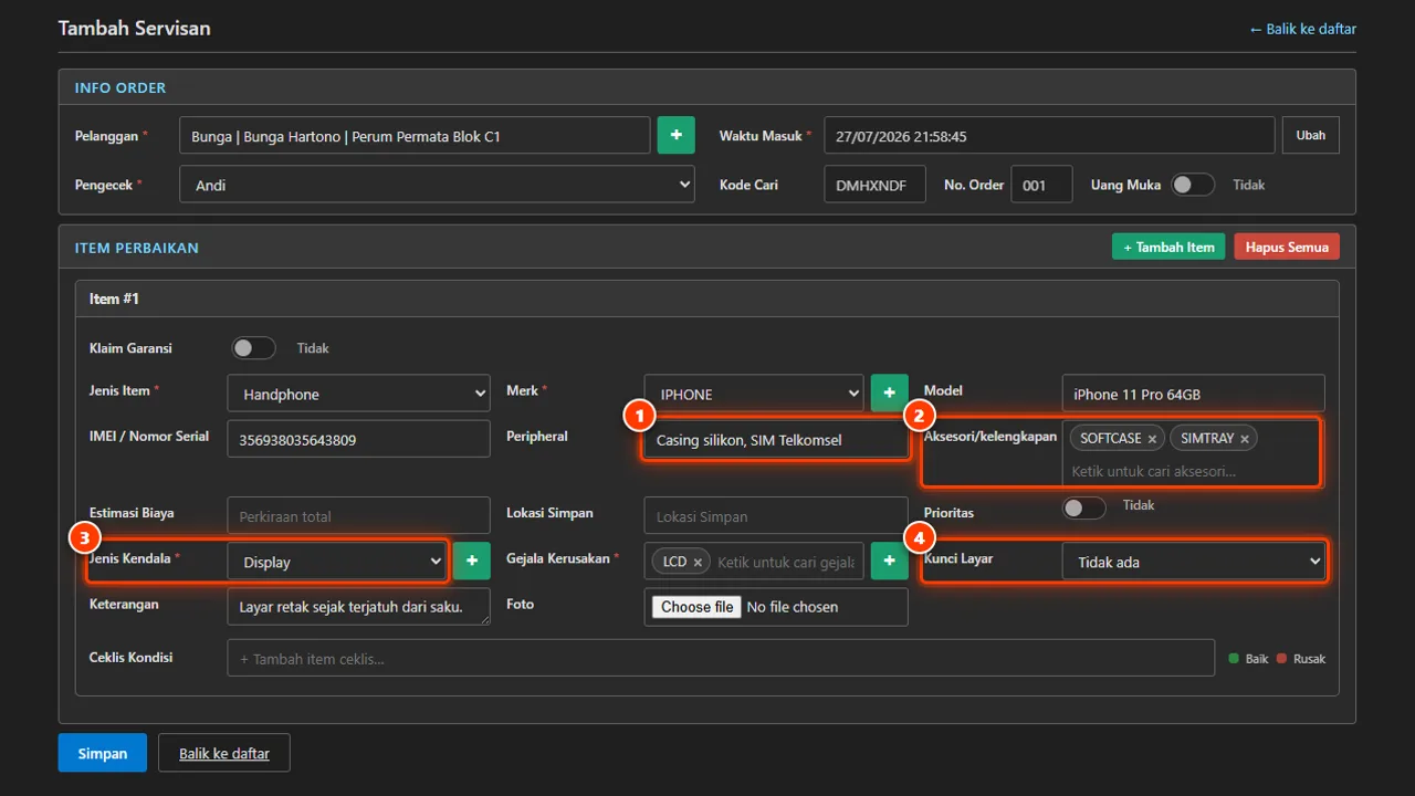 Fields for unit accessories, screen lock, customer complaint, and issue type