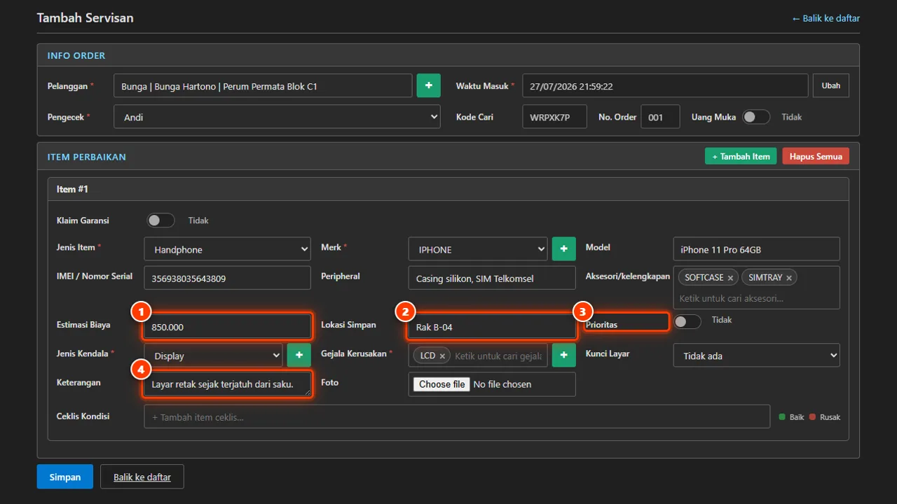 Fields for the cost estimate, work priority, shelf location, and technician notes