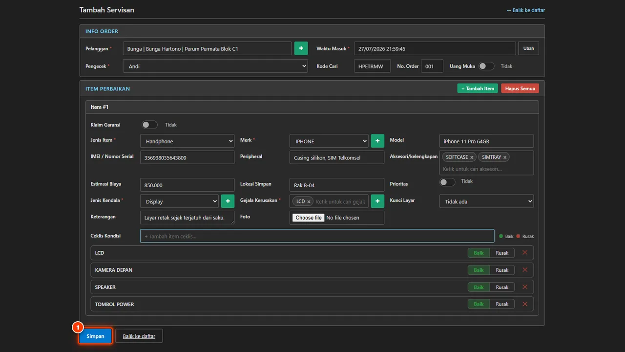 The save button and the unit appearing with its initial status
