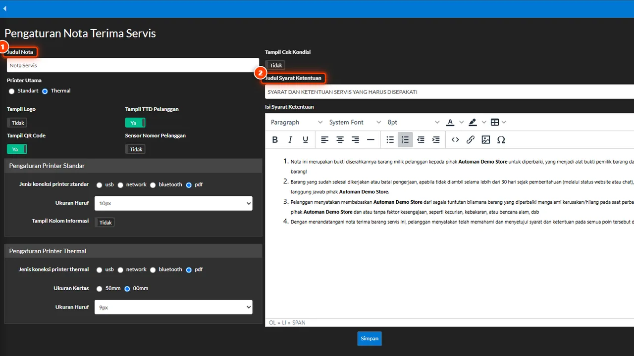 The receipt header and footer settings