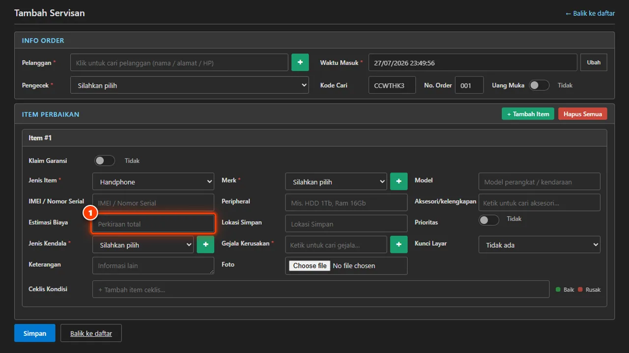 Estimated cost field on the incoming repair form