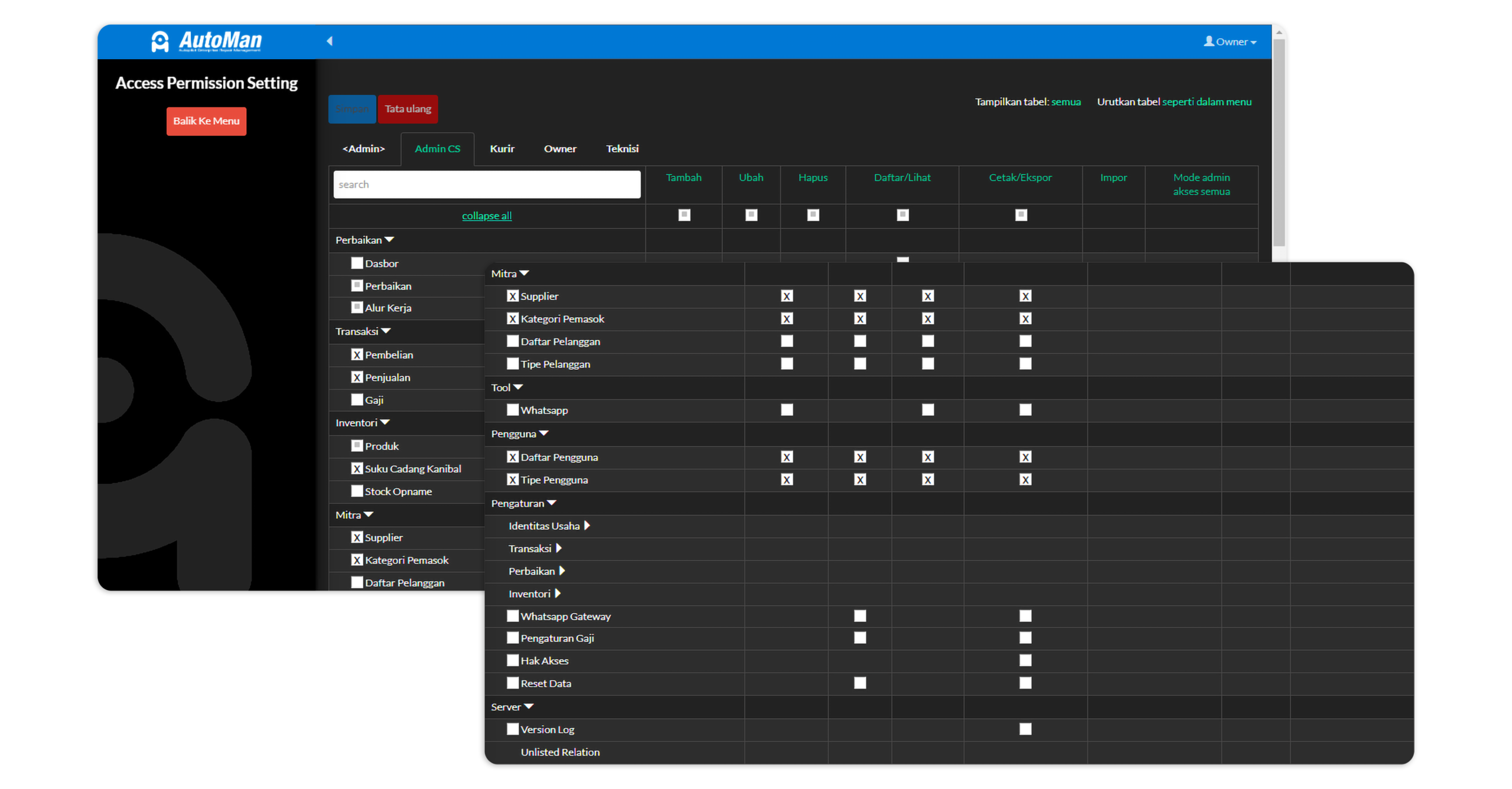 Aplikasi Bengkel Automan - Fitur Pengaturan Hak Akses
