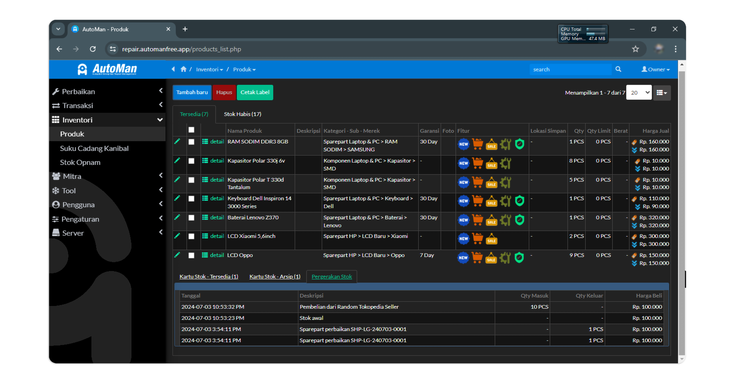 Fitur List Produk Lengkap Software Manajemen Bengkel