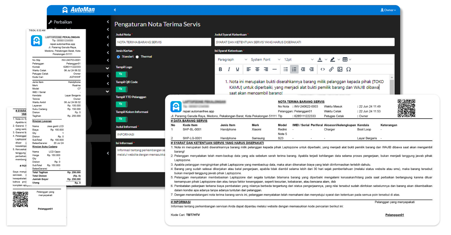 Fitur Fleksible Setting Nota Aplikasi Bengkel Gratis
