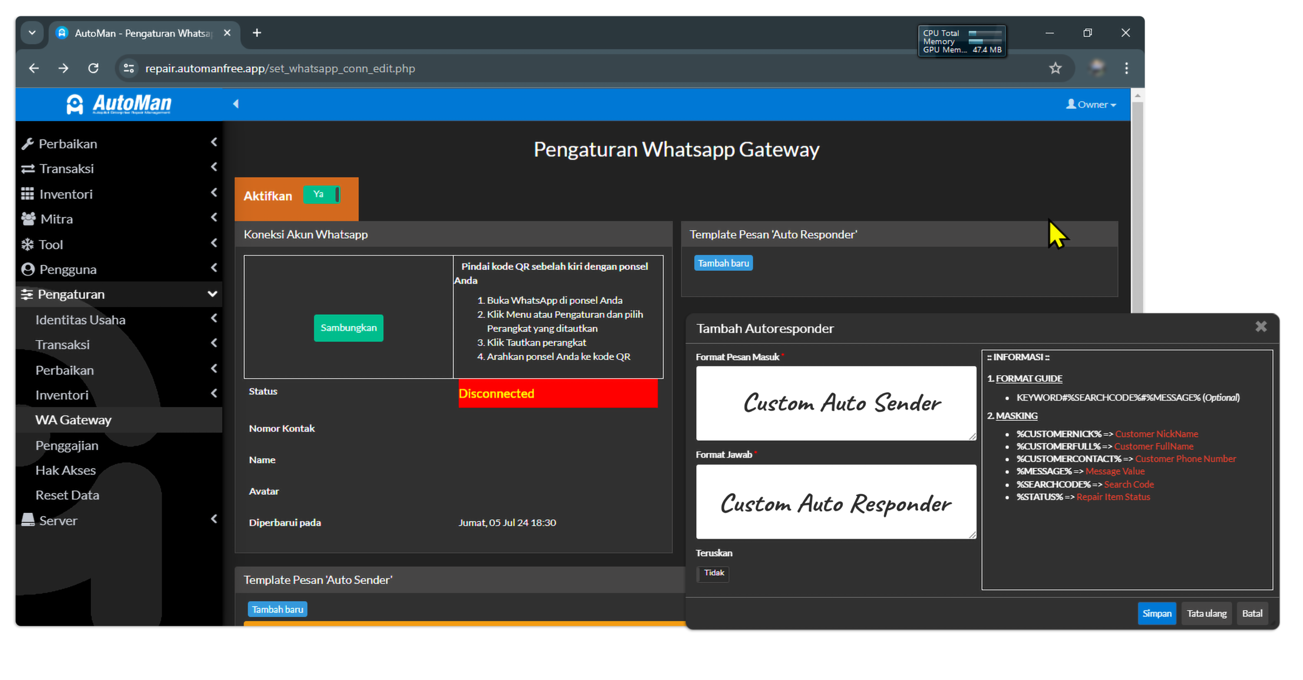 Fitur CRM Whatsapp Gateway Aplikasi Bengkel Laptop