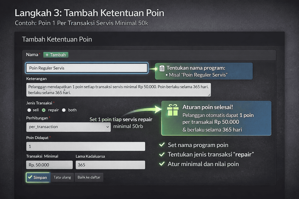 Form tambah ketentuan poin pelanggan pada aplikasi manajemen servis HP Automan