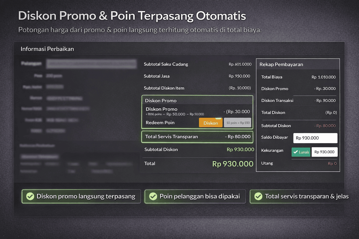 Halaman repair take out pada aplikasi bengkel dan manajemen servis HP Automan dengan diskon promo dan saldo poin pelanggan