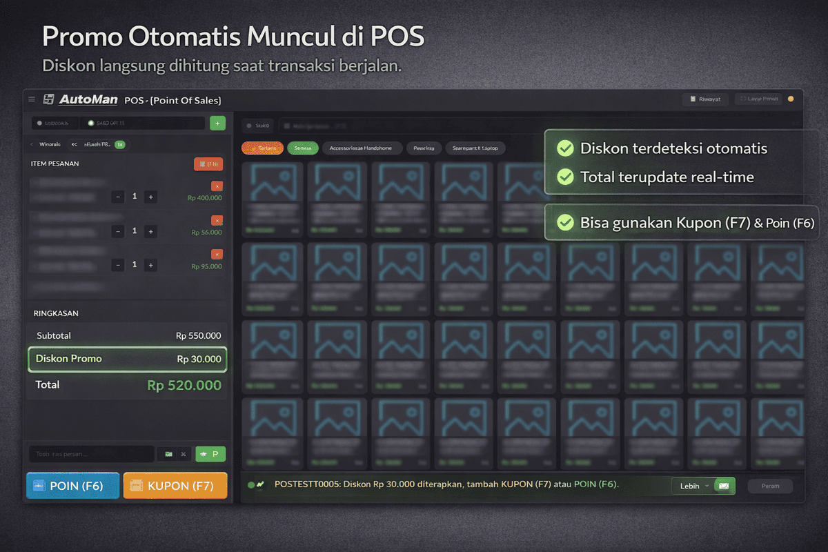 Layar POS aplikasi manajemen servis HP Automan dengan diskon promo dan redeem poin otomatis