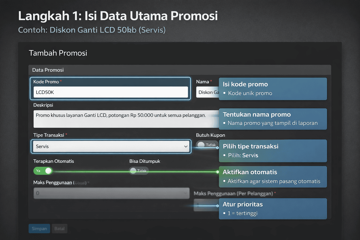 Form Data Utama tambah promosi pada aplikasi manajemen servis HP Automan