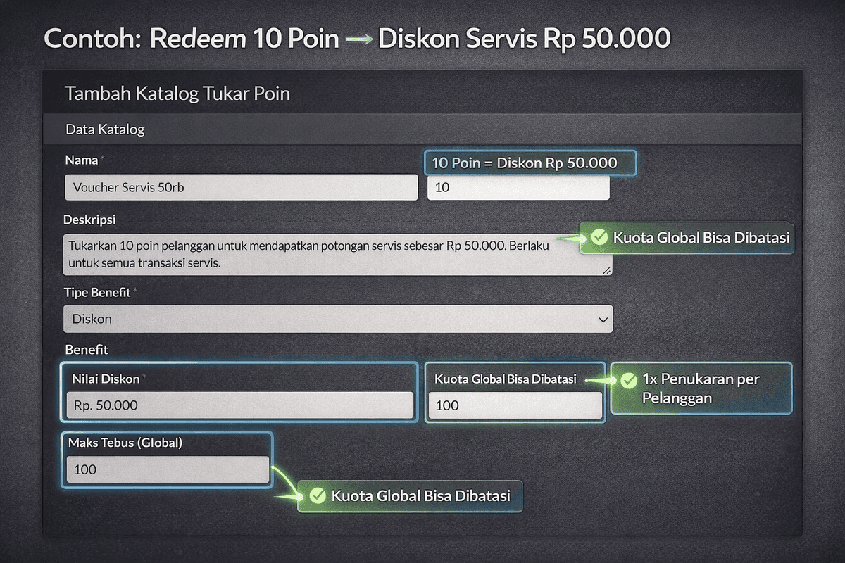 Form tambah item penukaran poin pada aplikasi manajemen servis HP dan aplikasi bengkel Automan